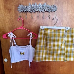 Yellow Plaid Skirt and White Butterfly Top Set